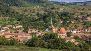 Saschiz și biserica fortificată văzute de pe deal, între livezi și coline transilvănene
